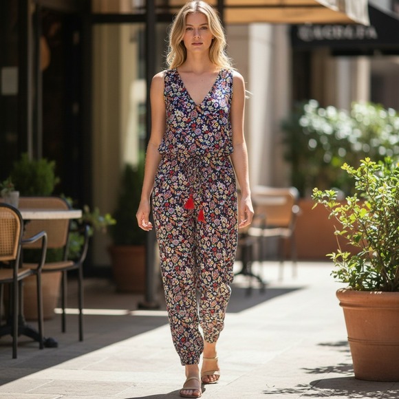 Boden Pants - Boden Cecilia Floral Sleeveless Jumpsuit Navy Multi Tassel Tie Waist US 8T